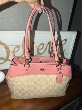 Coach Beige Signature Canvas Tote with Pink Trim